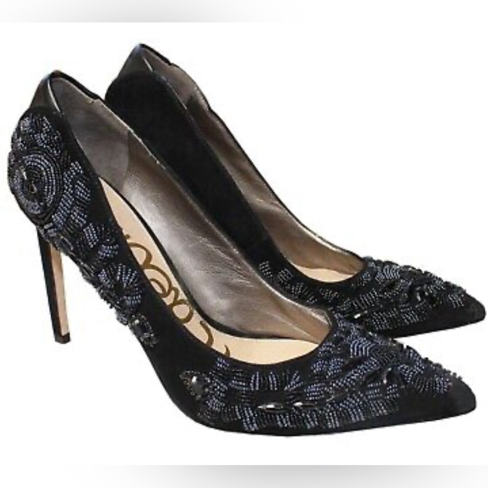 SAM EDELMAN Dani Black Suede Beaded 4" High Heel Women’s size 5